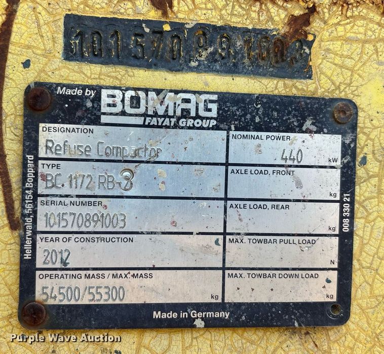 image for item DW7099 2012 Bomag BC1172RB3 landfill compactor