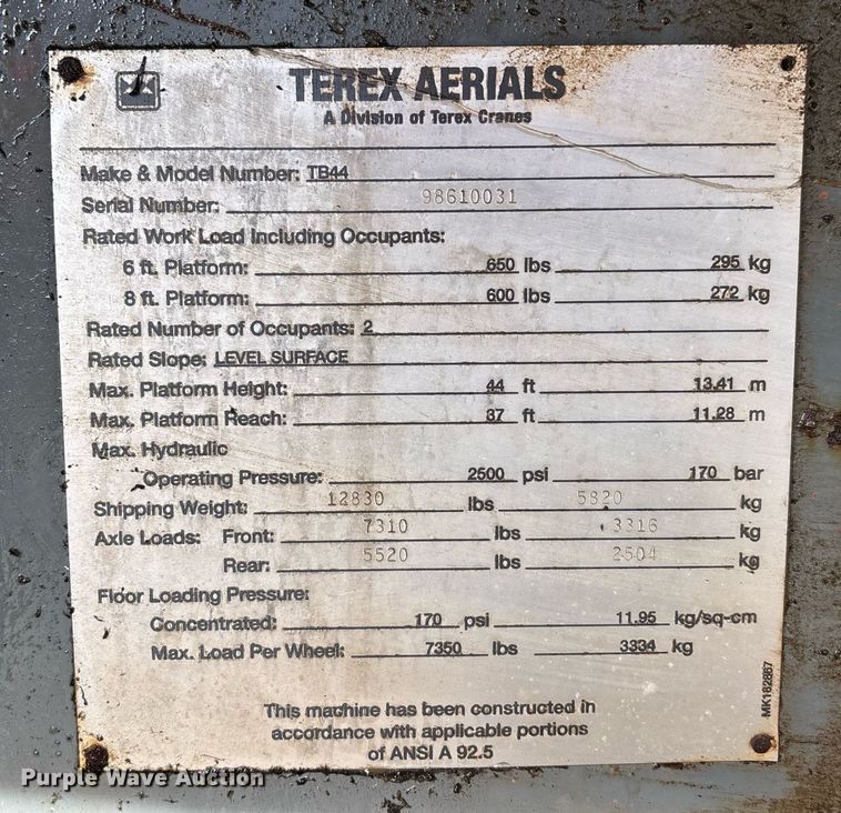 image for item DW7100 1998 Terex TB44 boom lift