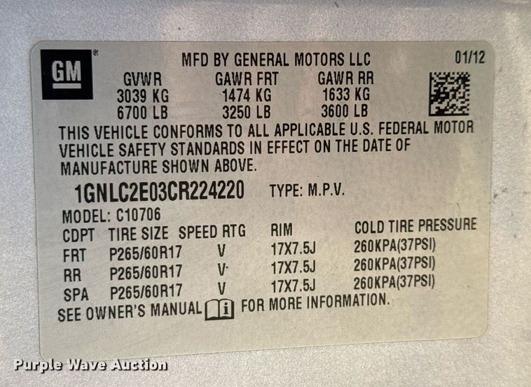 image for item DX5596 2012 Chevrolet Tahoe Police  SUV