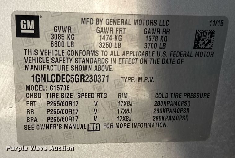 image for item DX5601 2016 Chevrolet Tahoe Police SUV