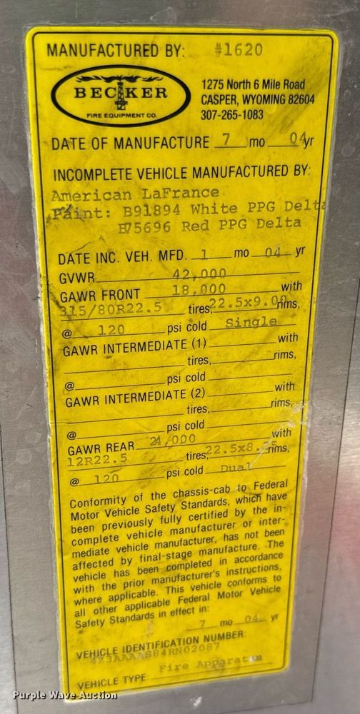 image for item DY0225 2004 Freightliner  Eagle pumper fire truck