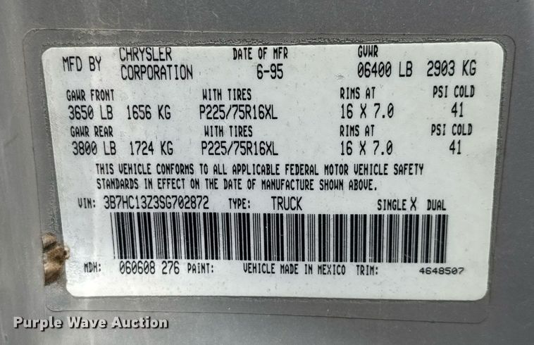 image for item DY0227 1995 Dodge Ram 1500 Club Cab pickup truck