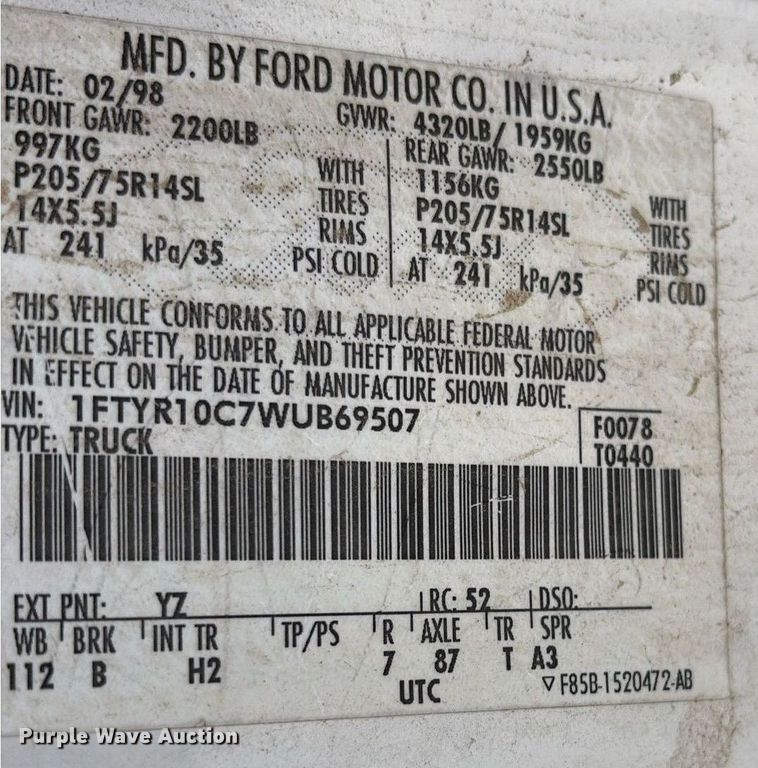 image for item DY0687 1998 Ford Ranger pickup truck