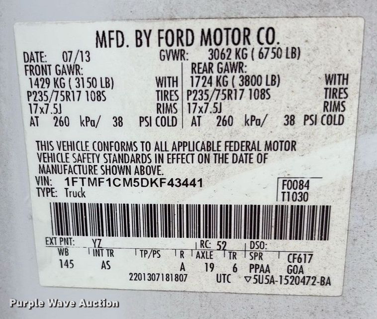 image for item DY0697 2013 Ford F150 pickup truck