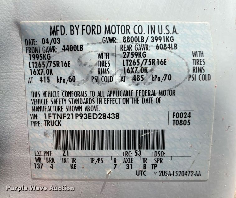 image for item DZ8522 2003 Ford F250 Super Duty flatbed pickup truck