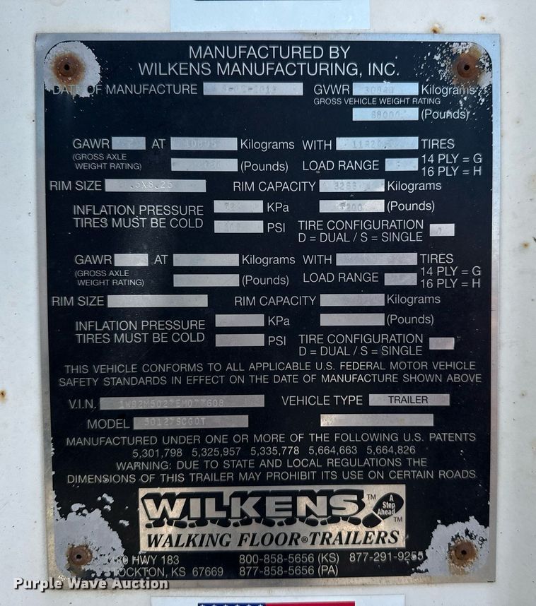 image for item DZ8523 2014 Wilkens 50127SCG0T walking floor trailer