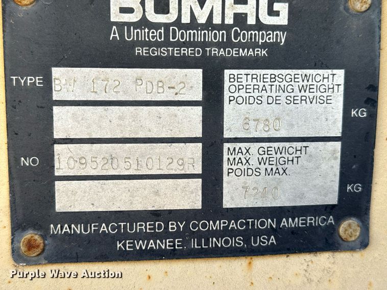 image for item DZ8527 Bomag BW172 PDB-2 single drum vibratory roller