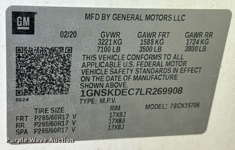 image for item DZ8554 2020 Chevrolet Tahoe Police  SUV