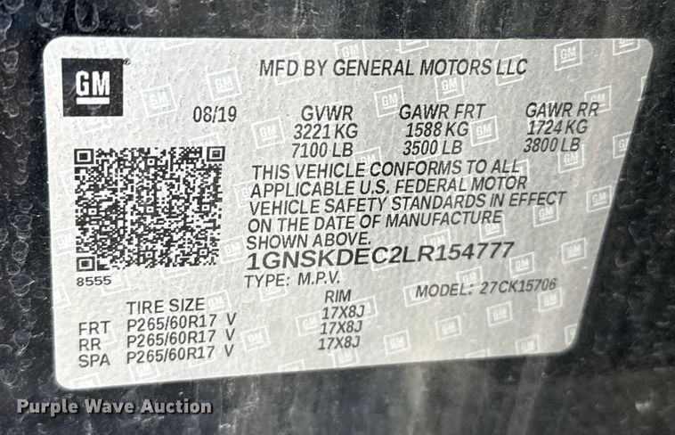 image for item DZ8556 2020 Chevrolet Tahoe Police  SUV