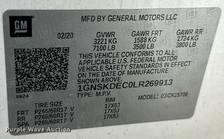 image for item DZ8557 2020 Chevrolet Tahoe Police  SUV