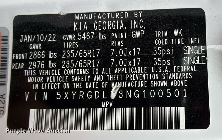 image for item DZ8578 2022 Kia Sorento SUV