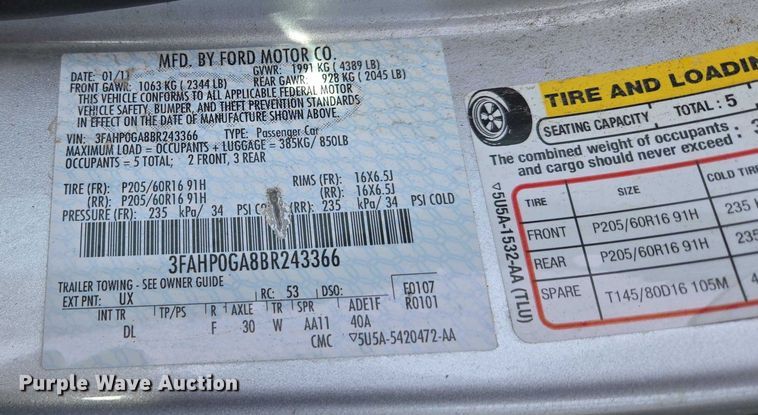 image for item ED2093 2011 Ford Fusion S 