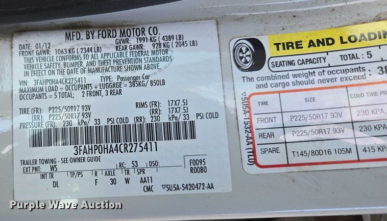image for item ED2094 2012 Ford Fusion SE 