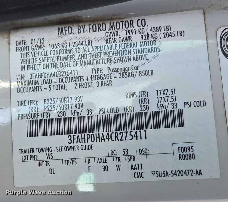 image for item ED2094 2012 Ford Fusion SE 