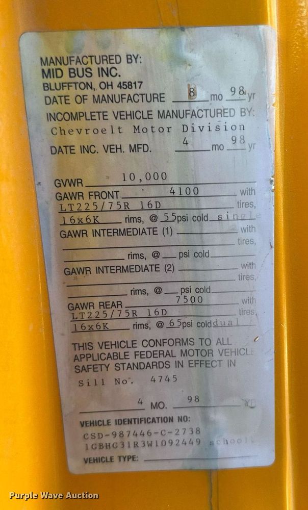 image for item EG6657 1998 Chevrolet Express G3500  school bus