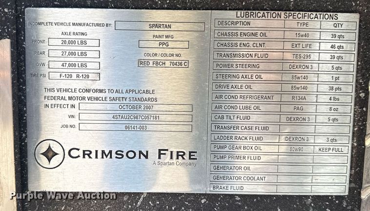 image for item EG8124 2007 Spartan Gladiator pumper fire truck