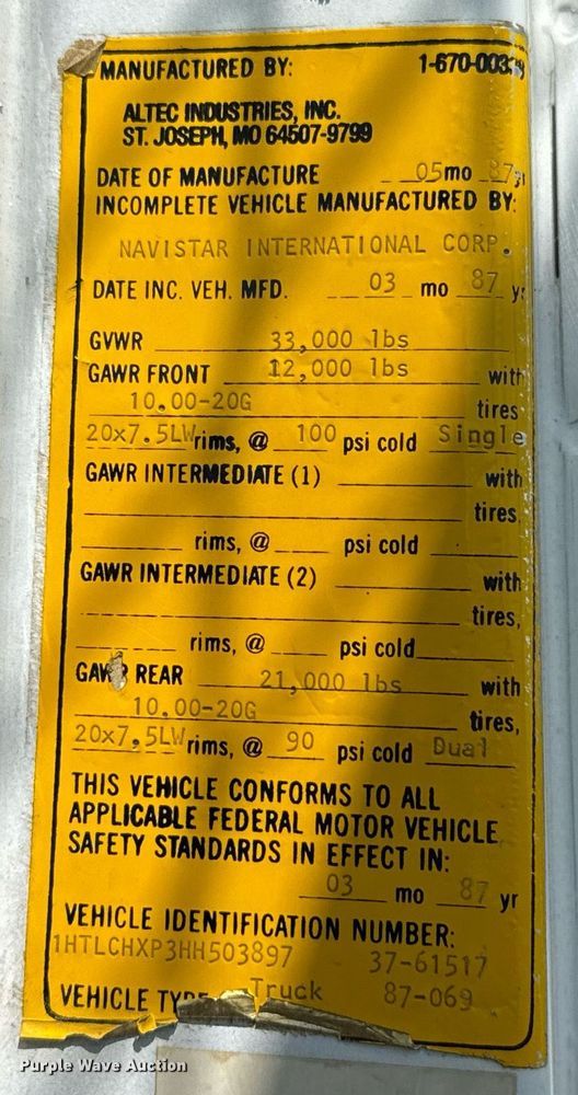 image for item EJ4734 1987 International 1754 bucket truck