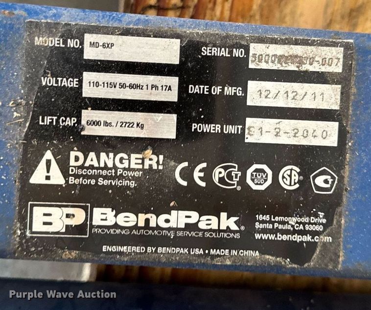 image for item EM2013 2012 Bendpak MD-6XP automotive lift