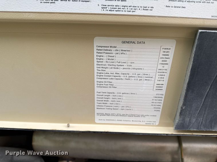 image for item EM2081 Ingersoll Rand P185WJD air compressor