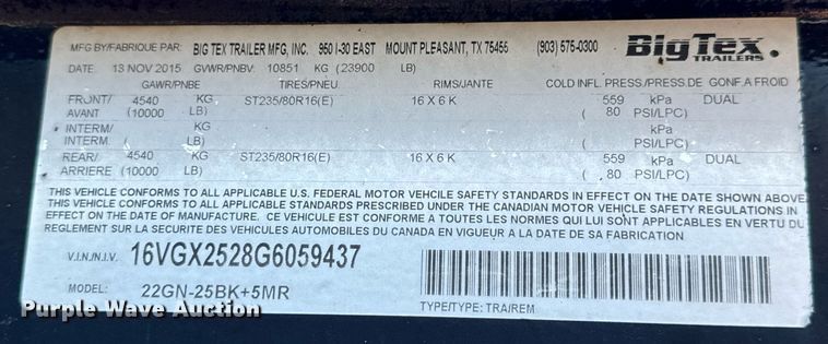 image for item EN4566 2016 Big Tex 22GN-25BK+5MR equipment trailer