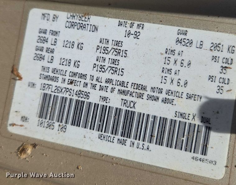 image for item EN8164 1993 Dodge Dakota pickup truck