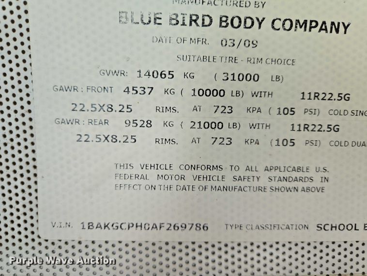 image for item EN8193 2010 Blue Bird Vision  school bus