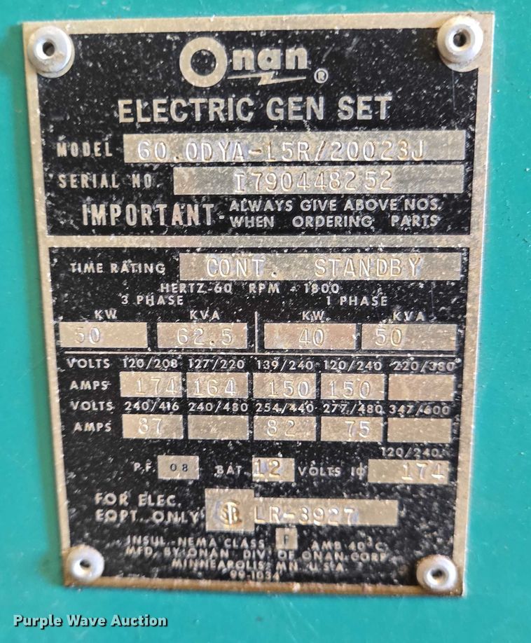 image for item EQ2596 Onan 60.00DYA-15R generator