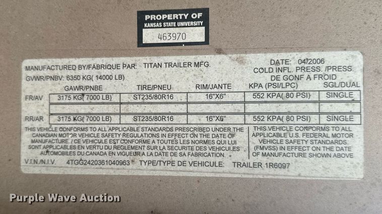 image for item ER2069 2006 Titan 1R6097 livestock trailer