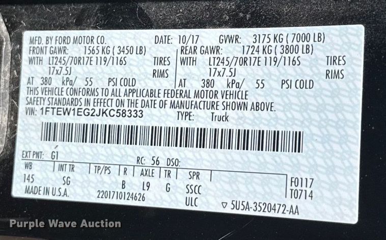 image for item ER2073 2018 Ford F150 SuperCrew pickup truck