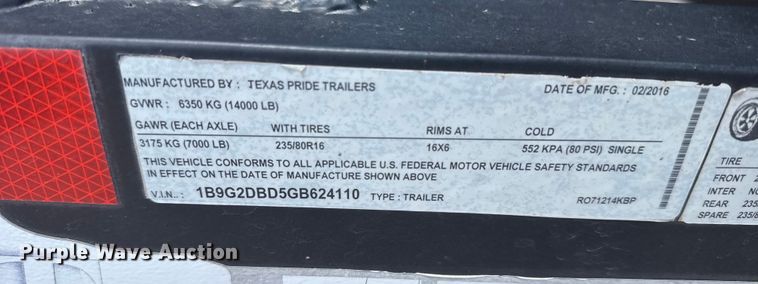 image for item ER2077 2016 Texas Pride RO71214KBP dump trailer