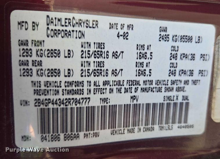 image for item ER5417 2002 Dodge Grand Caravan handicap accessible van