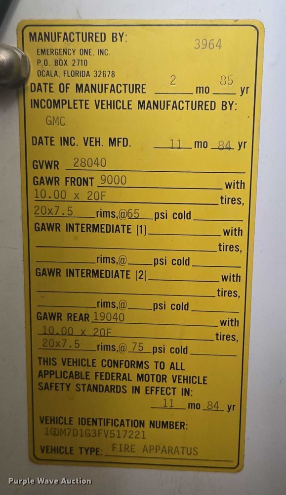 image for item ER5431 1985 GMC 7000 pumper fire truck