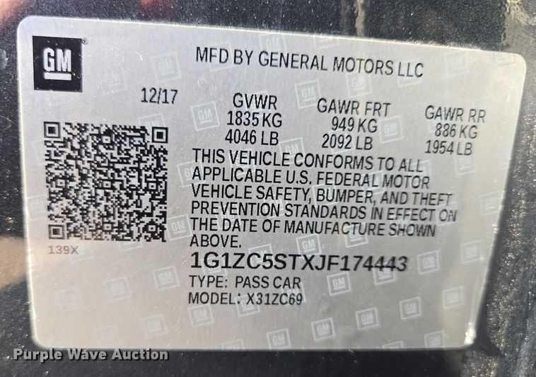 image for item ER5433 2018 Chevrolet Malibu 