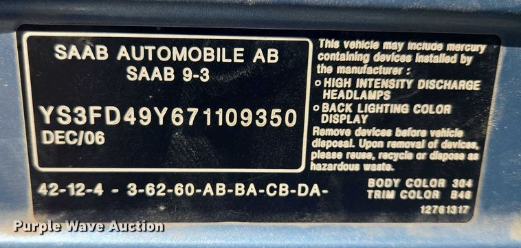 image for item ER5439 2007 Saab  9-3 