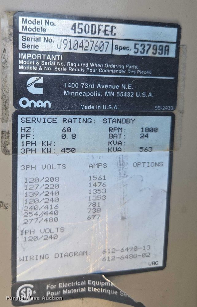 image for item FB9395 Onan 450DFEC generator