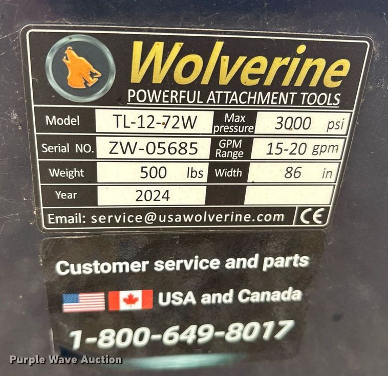 image for item DY0653 2024 Wolverine TL-12-72W skid steer tiller