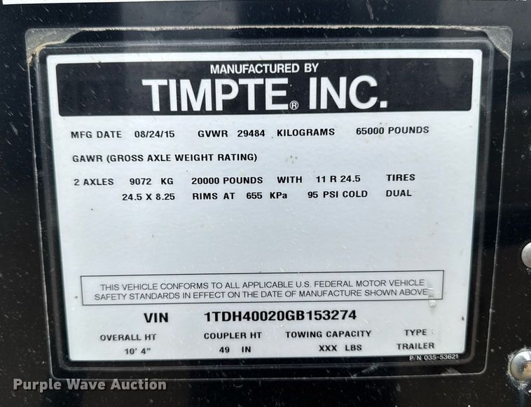 image for item EM2091 2016 Timpte Super Hopper grain trailer