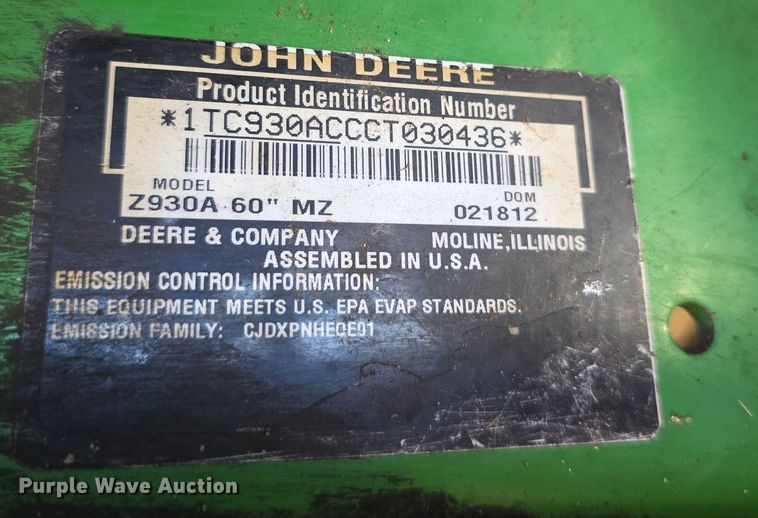 image for item EO1083 2012 John Deere Z930A MZ Z-Trak ZTR lawn mower