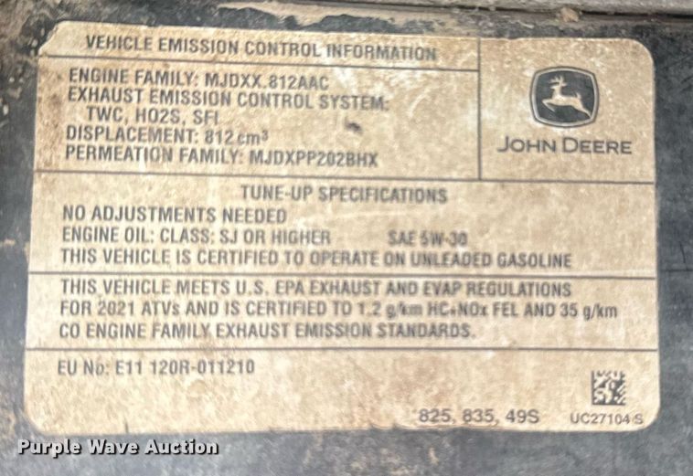 image for item ER2086 2021 John Deere Gator 835M utility vehicle