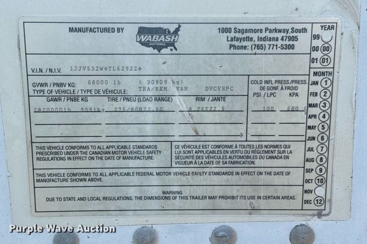 image for item DU9216 2000 Wabash DVCVHPC dry van trailer