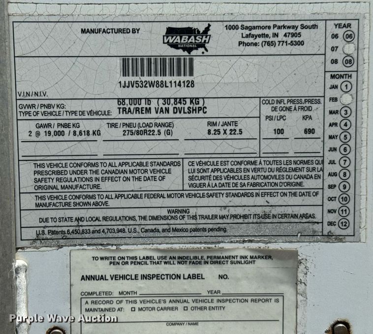 image for item DU9217 2008 Wabash DVLSHPC dry van trailer