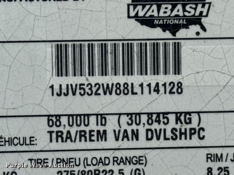 image for item DU9217 2008 Wabash DVLSHPC dry van trailer