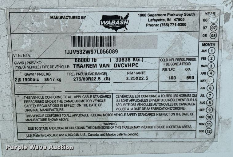 image for item DU9233 2007 Wabash DVCVHPC dry van trailer