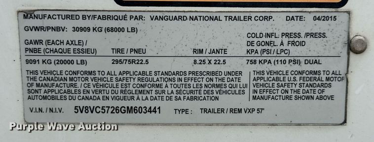 image for item DX5555 2016 Vanguard VXP dry van trailer