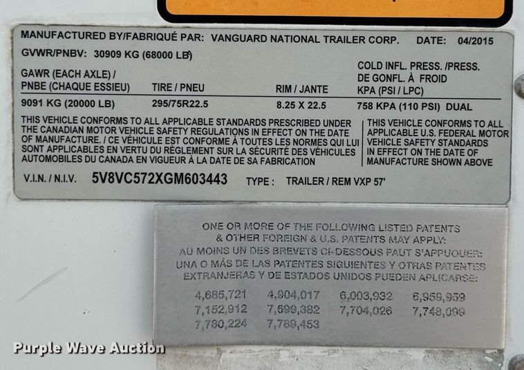 image for item DX5556 2016 Vanguard VXP dry van trailer