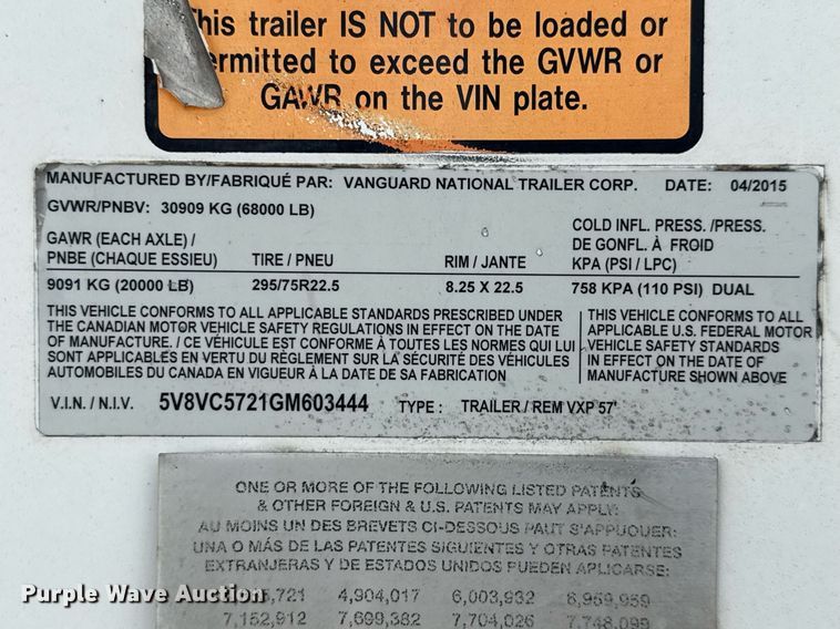 image for item DX5557 2016 Vanguard VXP dry van trailer