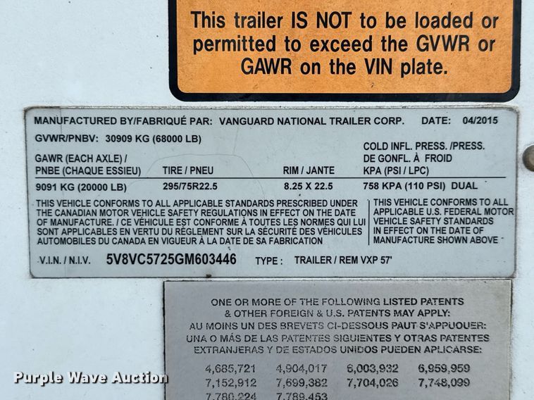 image for item DX5558 2016 Vanguard VXP dry van trailer