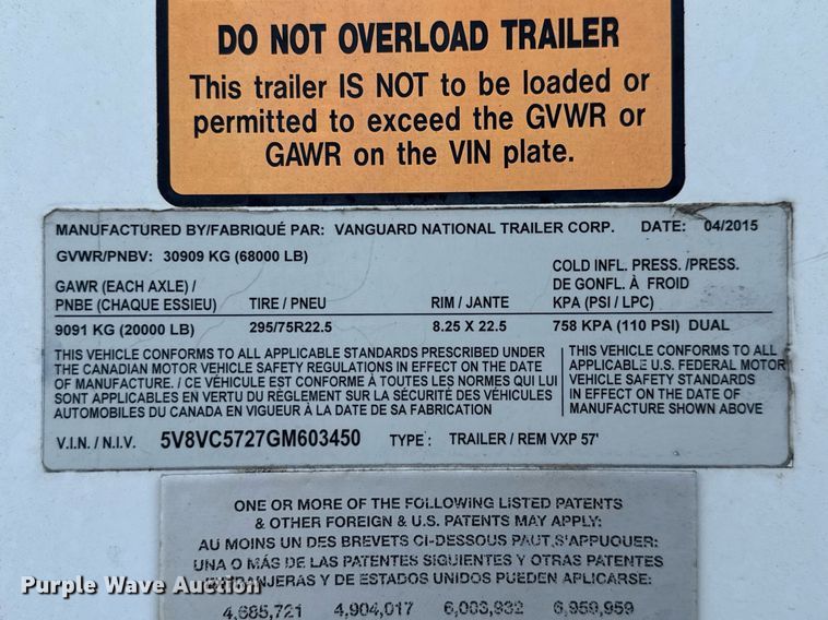 image for item DX5559 2016 Vanguard VXP dry van trailer