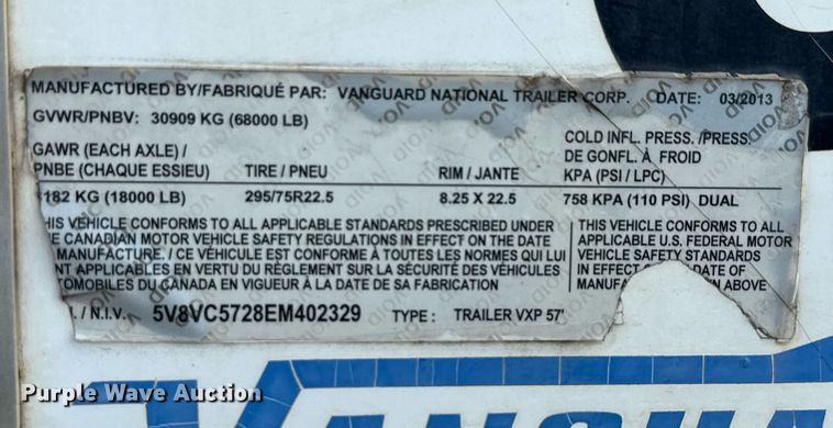image for item DX5562 2014 Vanguard VXP dry van trailer