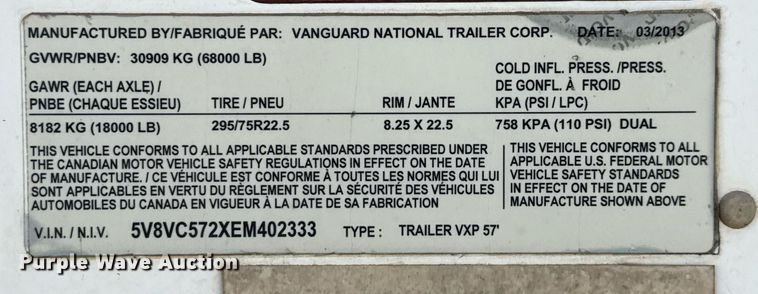 image for item DX5563 2014 Vanguard VXP dry van trailer